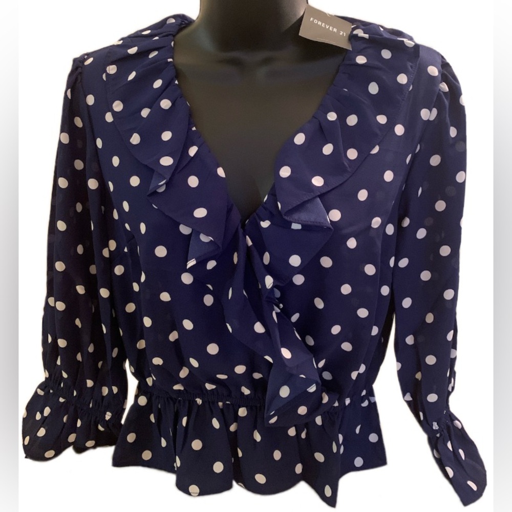 Forever 21 Ruffle-Trim Top Surplice Neck Polka Dot w/ 3/4 Trumpet Sleeves Small